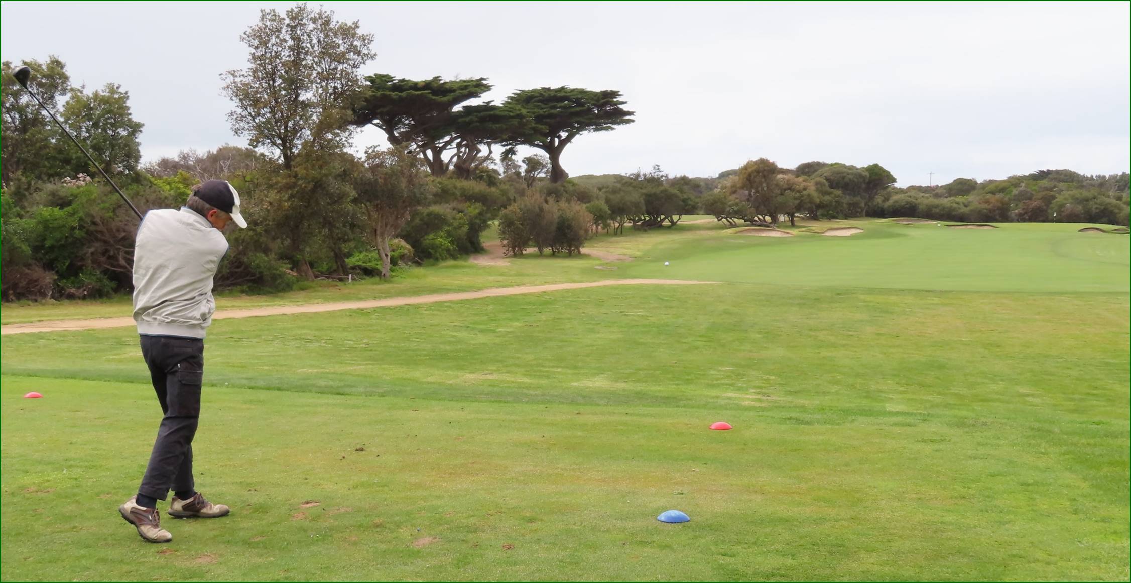 A golf course with trees and a blue frisbee

Description automatically generated